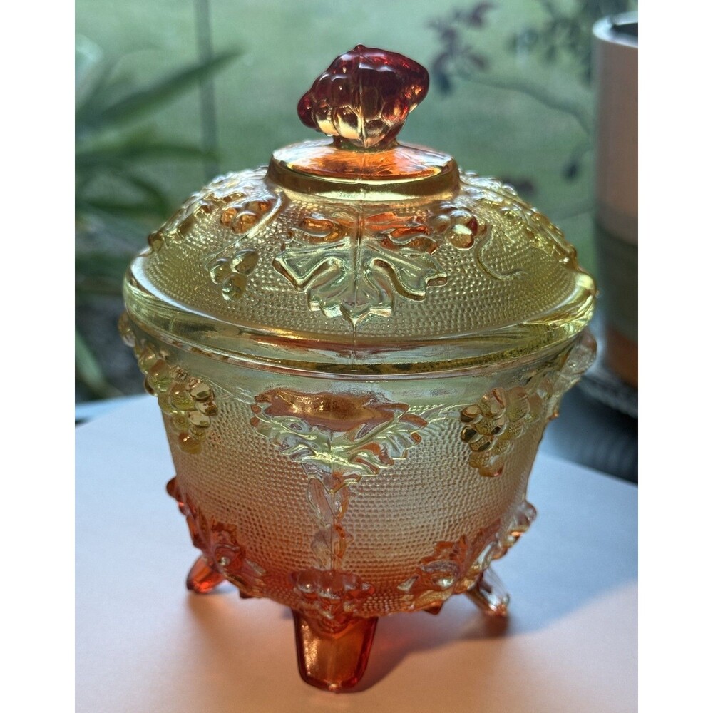 Amberina Carnival Glass Four Footed Candy Dish Harvest Grapes Jeanette Vintage